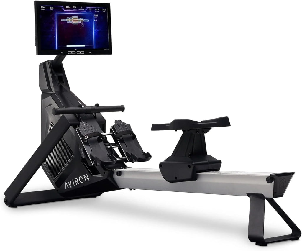 Aviron Strong Series Rower: 22″ HD Touchscreen, Dual Air &amp; Magnetic Resistances up to 100 lbs. Game-Based Workouts, Streaming, Compact Designs