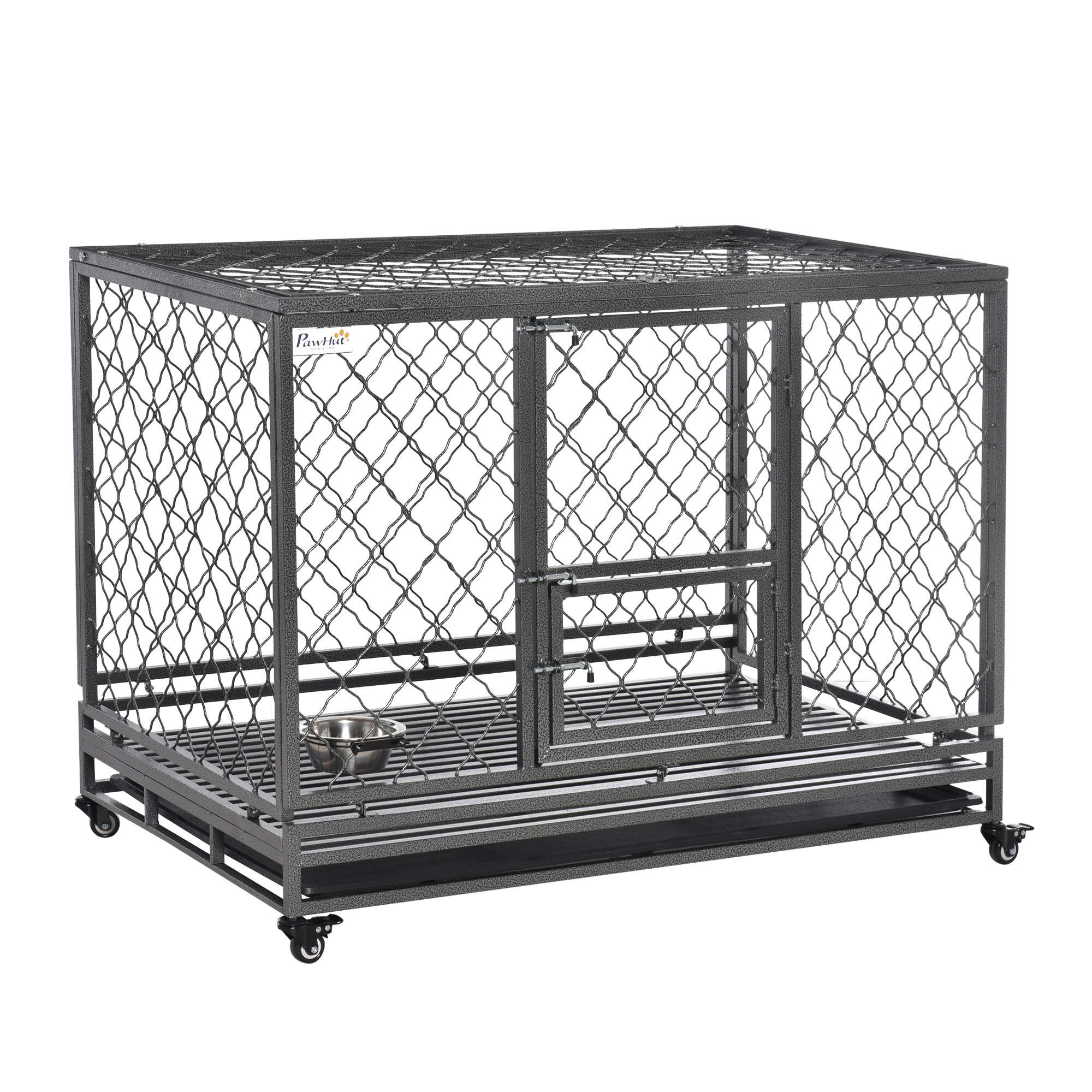 Heavy Duty Dog Cage Metal Kennel and Crate Dog Playpen with Lockable Wheels, Slide-out Tray, Food Bowl and Double Doors