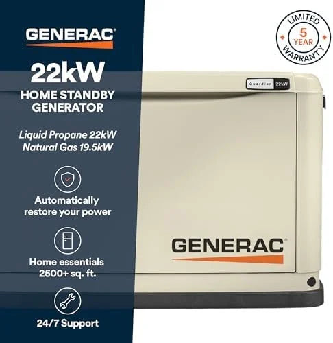 Generac Guardian 22kW Home Standby Generator with 200 Amp Transfer Switch, Durable All Aluminum, WiFi Enabled with G-Force Engine, Easy to Use, Whole House Powers Backups, Smart Outage Solution – Bisque