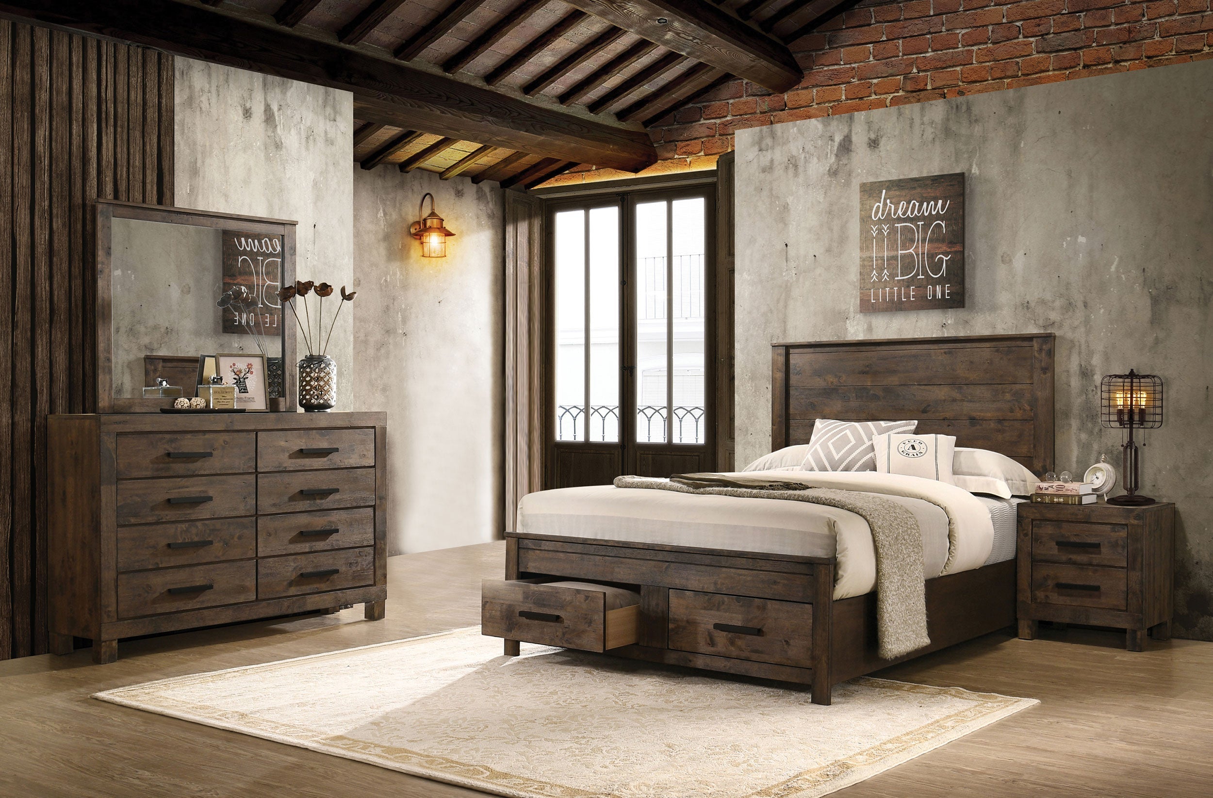 Coaster Fine Furniture Woodmont Bedroom Set – Rustic Golden Brown Wire-Brushed Hardwood with Storage Drawers & Bar Handles
