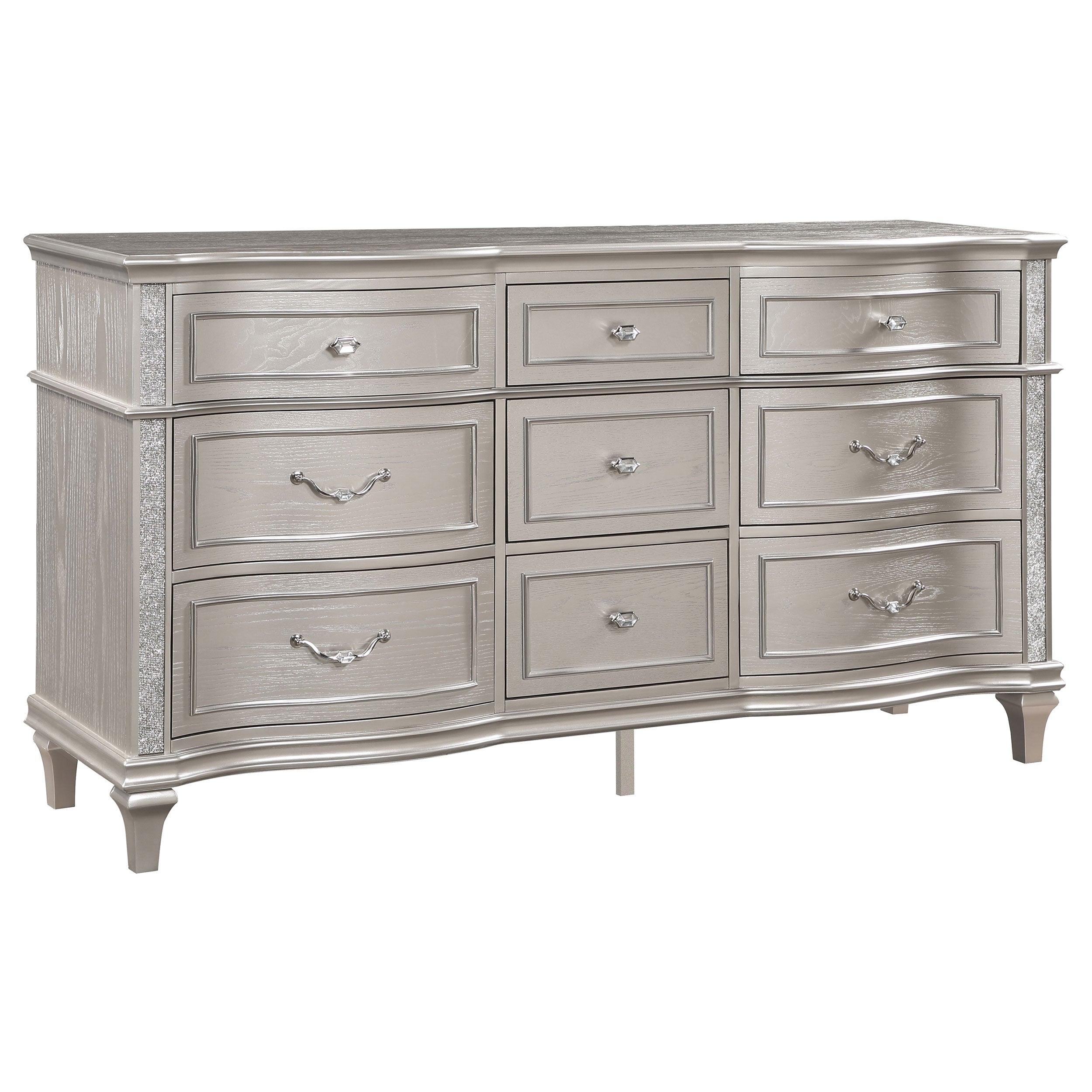 Coaster Fine Furniture Evangeline Bedroom Set – Glam Silver Oak Finish, Double Arch Tufted Headboard, USB Nightstand & Felt-Lined Drawers