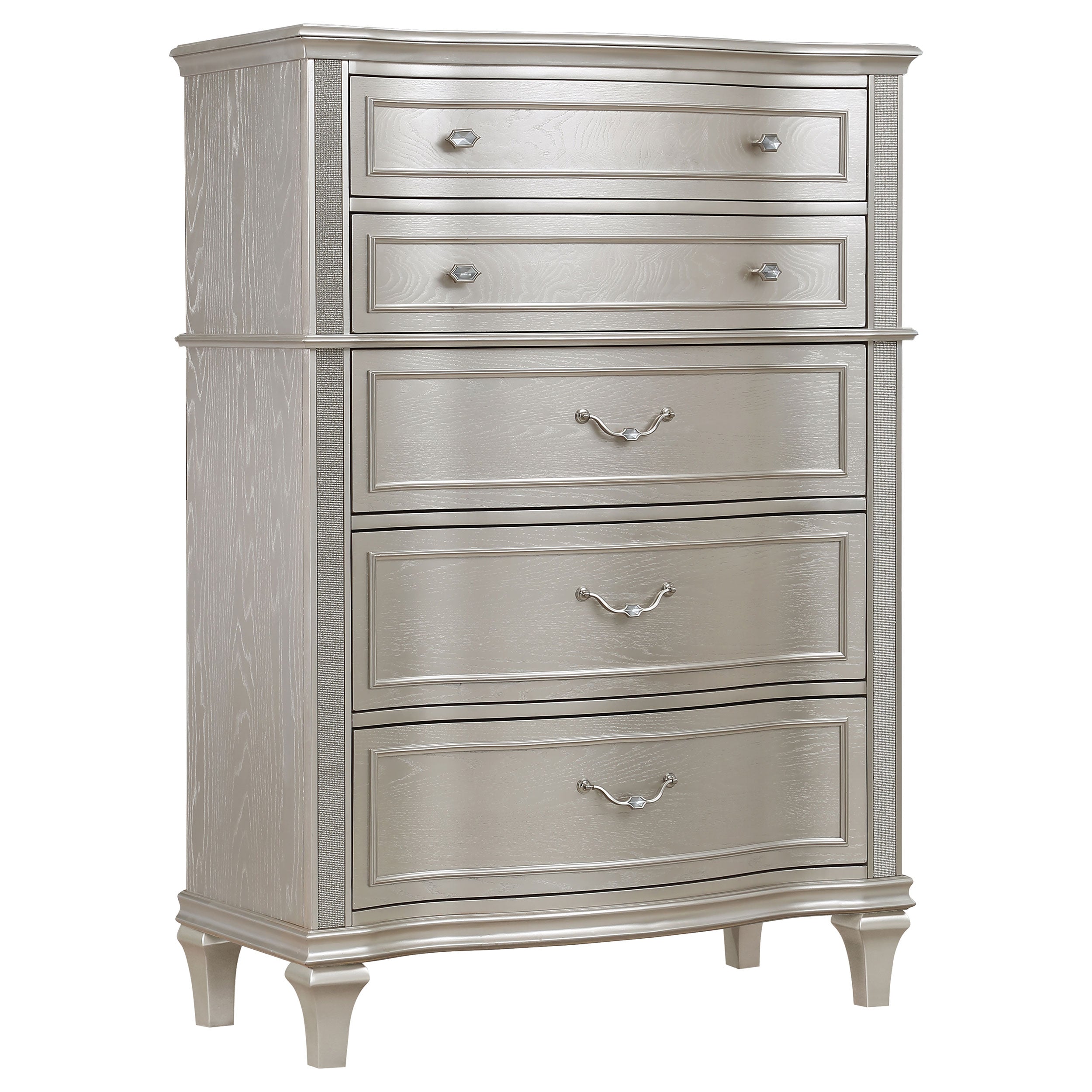 Coaster Fine Furniture Evangeline Bedroom Set – Glam Silver Oak Finish, Double Arch Tufted Headboard, USB Nightstand & Felt-Lined Drawers