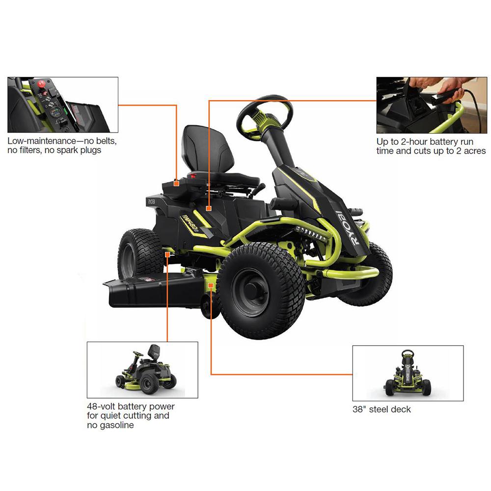 RYOBI 38 in. 100Ah Battery Electric Rear Engine Riding Lawn Mower and Bagging Kit