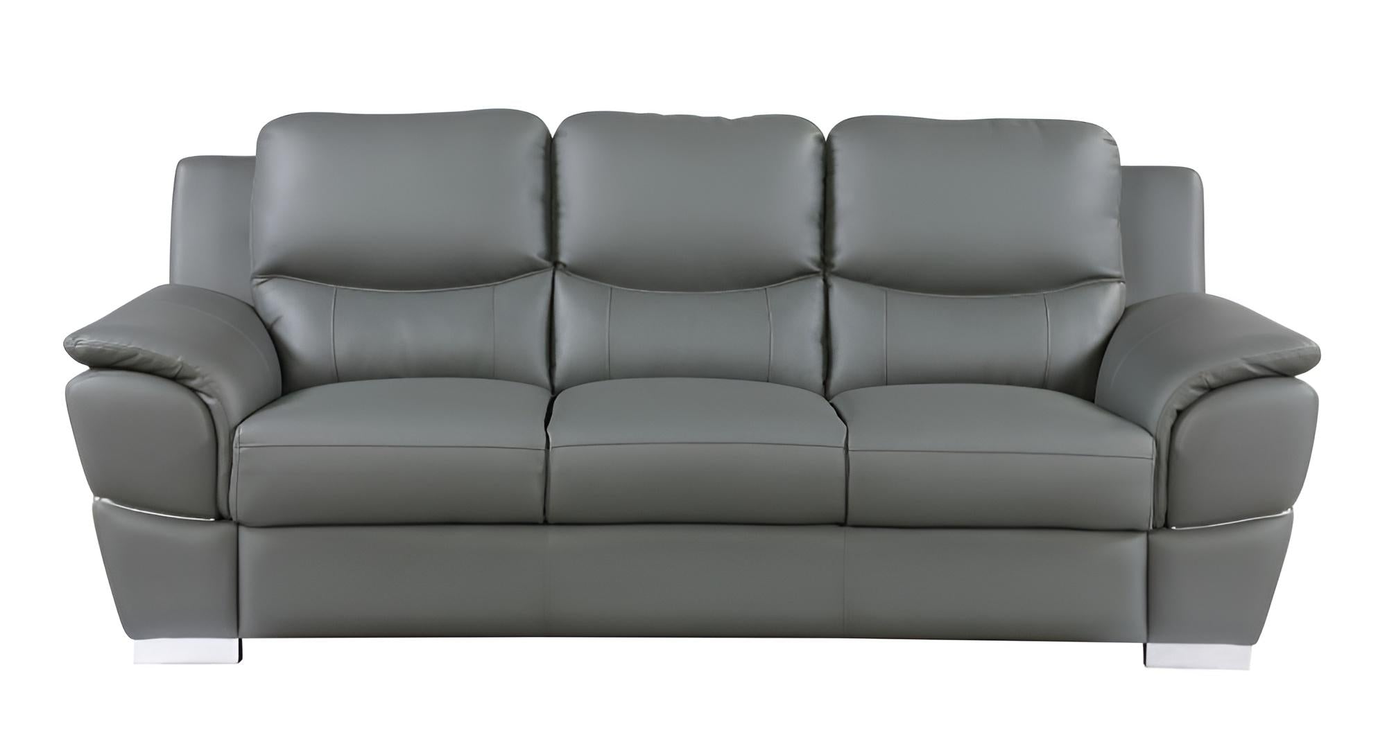 The Halston – 85" Gray Leather Sofa With Silver Legs