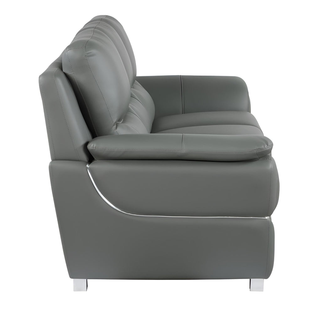 The Halston – 85" Gray Leather Sofa With Silver Legs