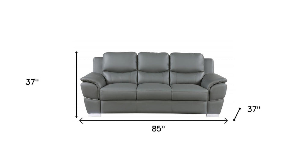 The Halston – 85" Gray Leather Sofa With Silver Legs