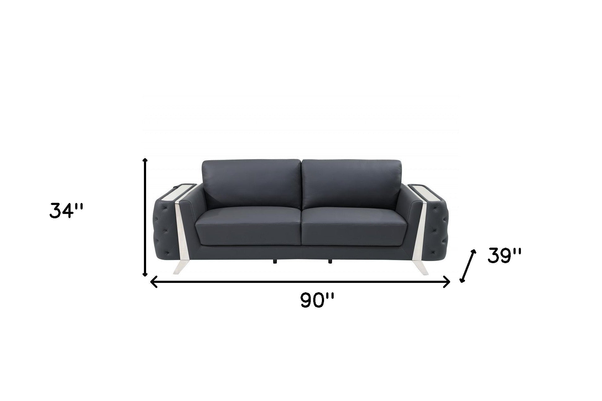 The Langford – Gray Italian Leather Sofa with Silver Legs