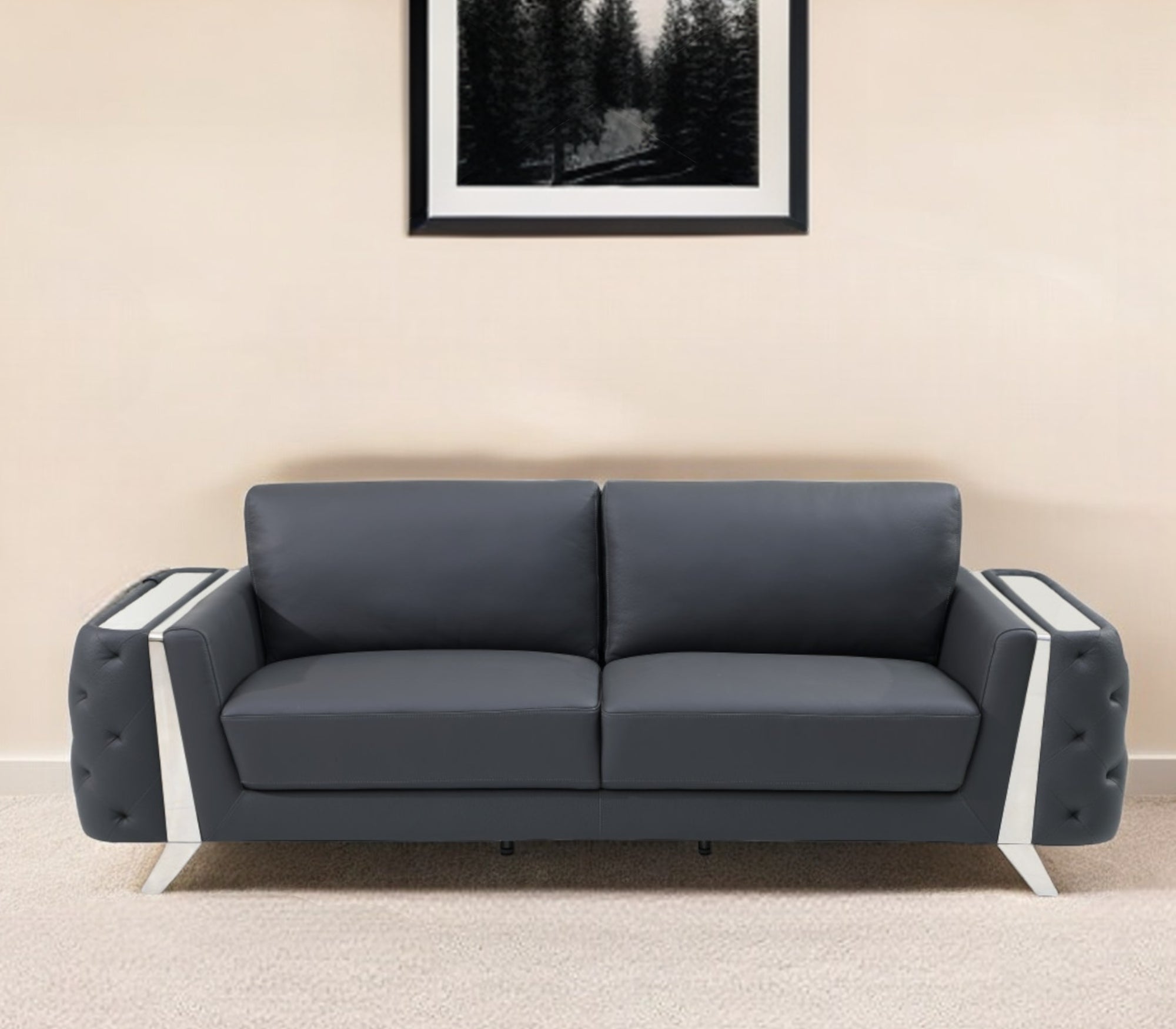 The Langford – Gray Italian Leather Sofa with Silver Legs