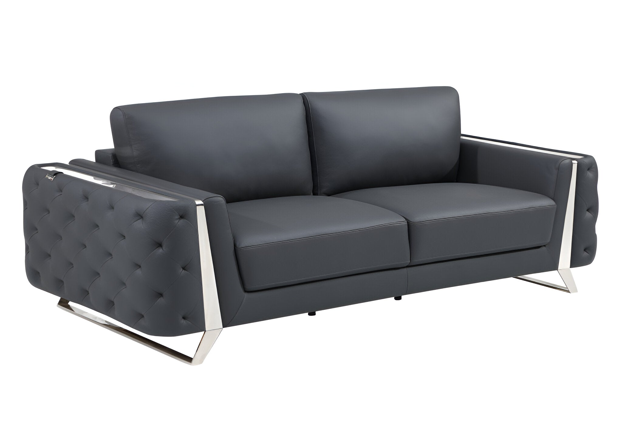 The Langford – Gray Italian Leather Sofa with Silver Legs