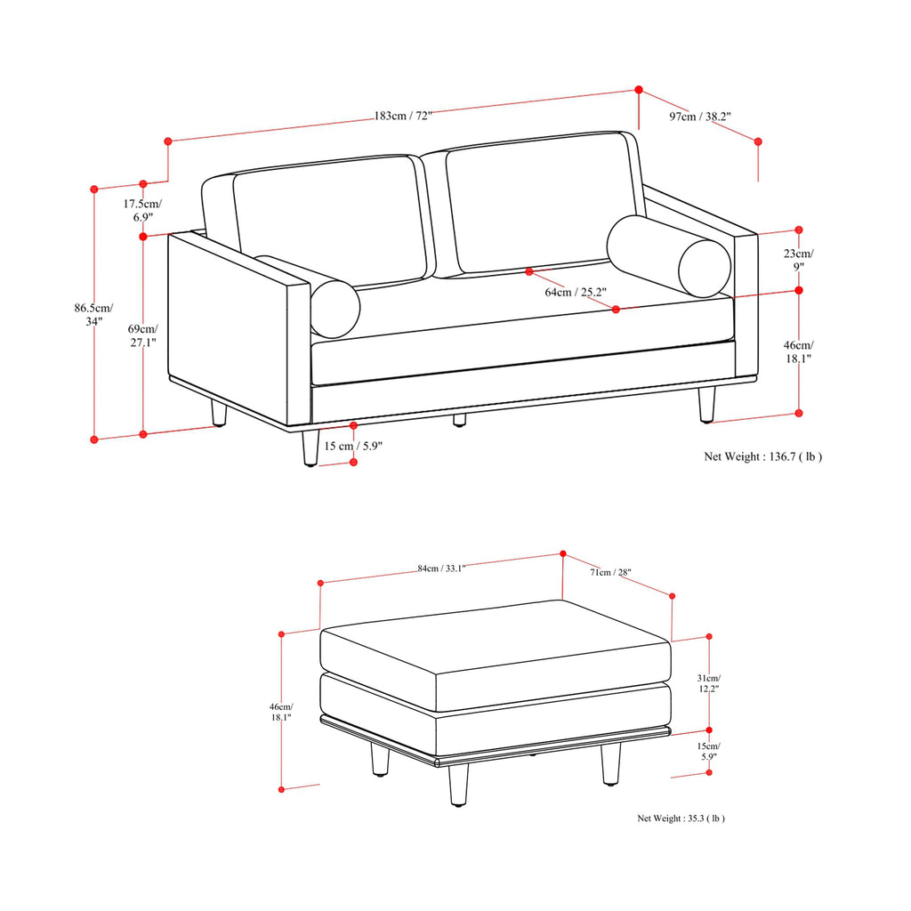 Lennox Leather Sofa with Ottoman – Brown
