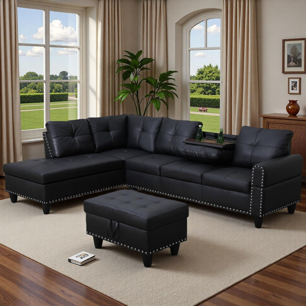 Bergenfield Furniture 97.5 Inch L Shaped Modular Sectional Couch Set with Storage Ottoman 4 Seat Leather Sofa Chaise Living Room Apartment