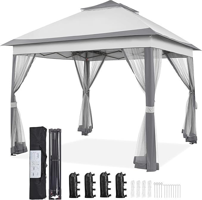 Yaheetech 11×11 Pop Up Gazebo Outdoor Canopy Shelter, Instant Patio Gazebo Sun Shade Canopy Tent with 4 Sandbags, 2 Tiers Roof &amp; Mesh Netting for Lawn, Garden, Backyard &amp; Deck, Gray