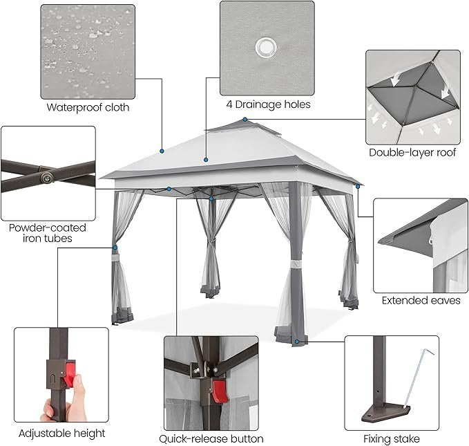 Yaheetech 11×11 Pop Up Gazebo Outdoor Canopy Shelter, Instant Patio Gazebo Sun Shade Canopy Tent with 4 Sandbags, 2 Tiers Roof &amp; Mesh Netting for Lawn, Garden, Backyard &amp; Deck, Gray