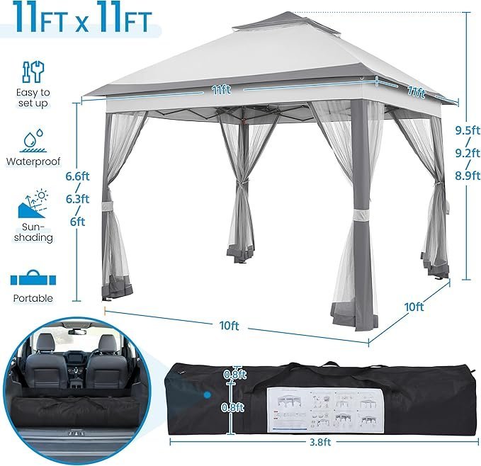 Yaheetech 11×11 Pop Up Gazebo Outdoor Canopy Shelter, Instant Patio Gazebo Sun Shade Canopy Tent with 4 Sandbags, 2 Tiers Roof &amp; Mesh Netting for Lawn, Garden, Backyard &amp; Deck, Gray