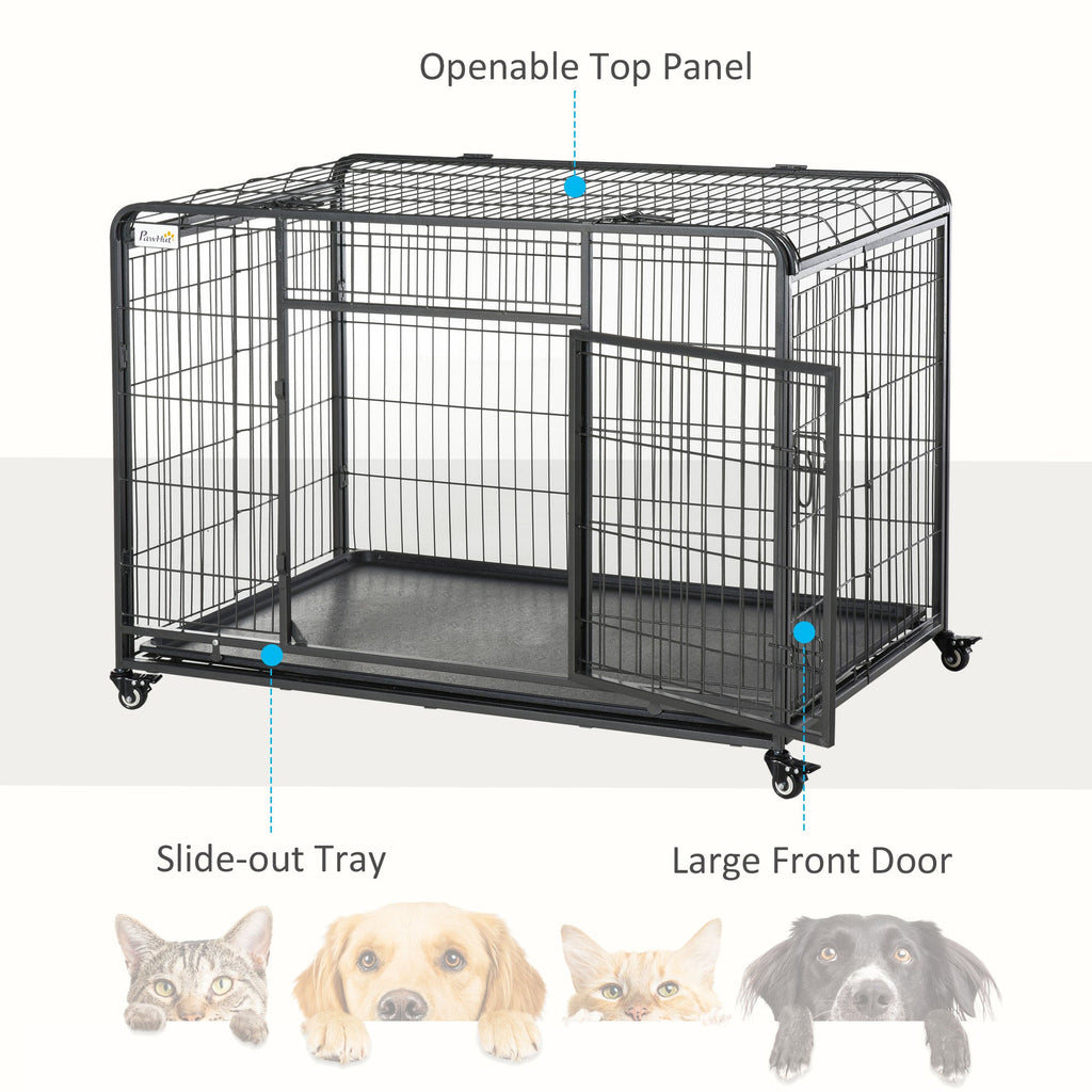Folding Design Heavy Duty Metal Dog Cage Crate & Kennel with Removable Tray and Cover, & 4 Locking Wheels, Indoor/Outdoor 49"
