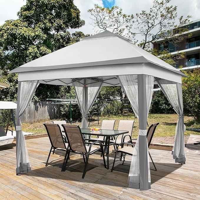 Yaheetech 11×11 Pop Up Gazebo Outdoor Canopy Shelter, Instant Patio Gazebo Sun Shade Canopy Tent with 4 Sandbags, 2 Tiers Roof &amp; Mesh Netting for Lawn, Garden, Backyard &amp; Deck, Gray