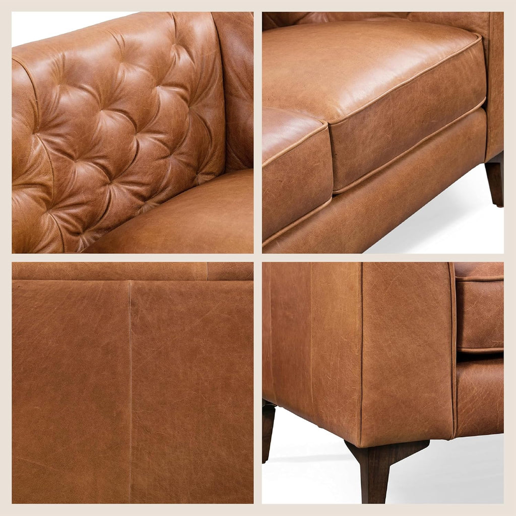 Bergenfield Furniture Full Grain Italian Leather Sofa Tufted Back Feather Down Comfort Solid Wood