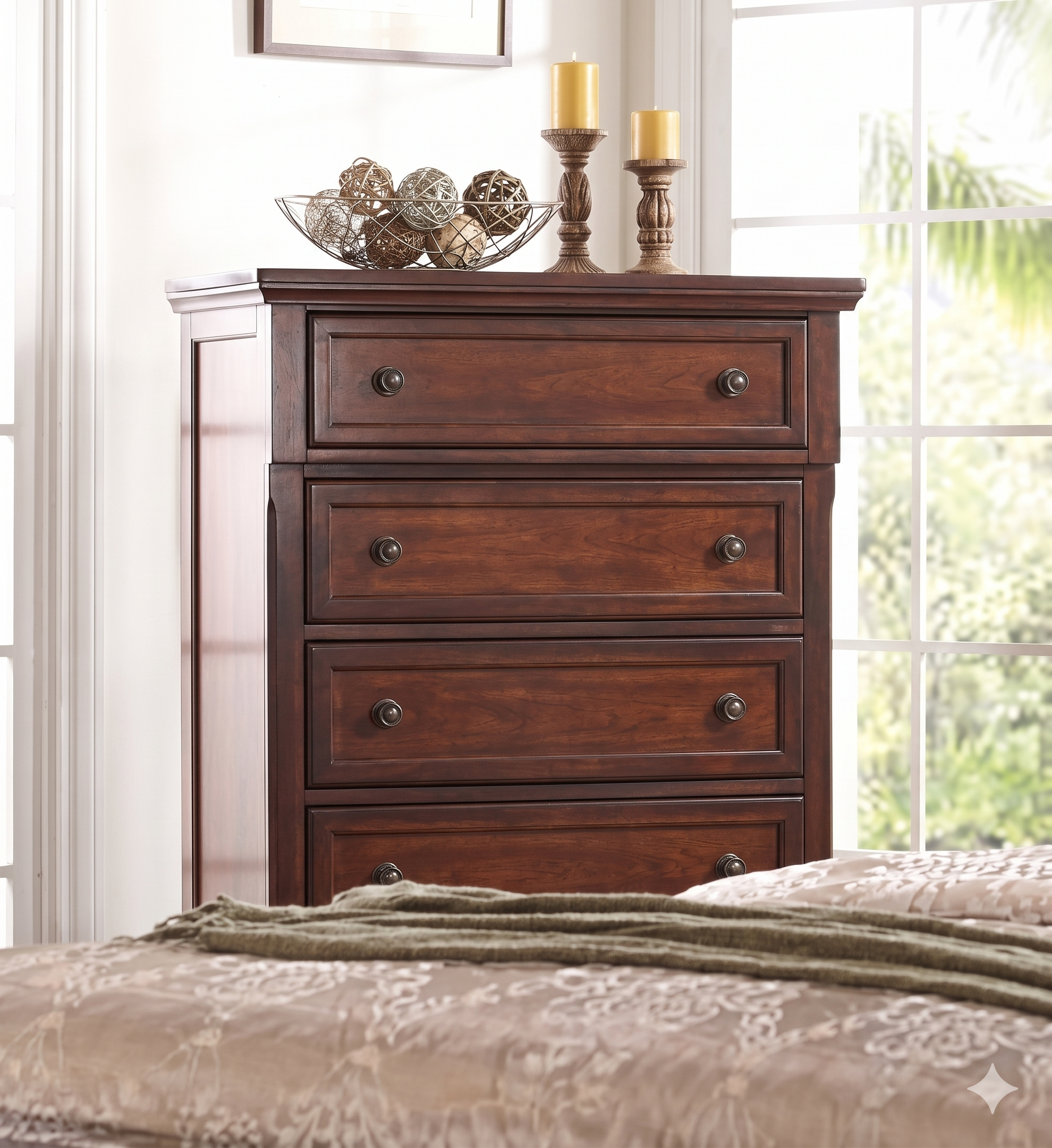 McFerran B608 Storage Sleigh Bedroom Set in Cherry - 2-Drawer Footboard and Bun Feet