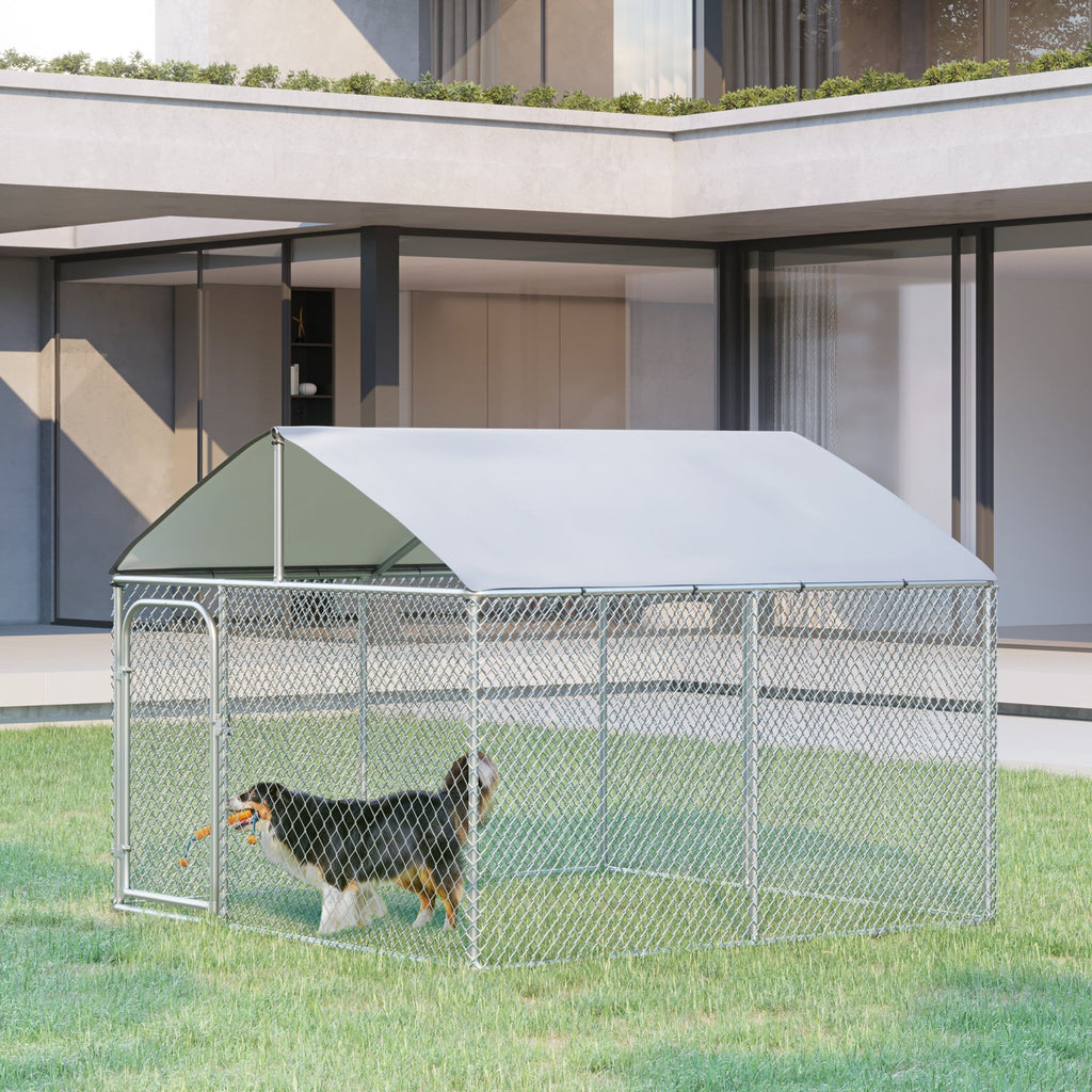 Outdoor Metal Dog Kennel, Pet Playpen with Steel Lock, Mesh Sidewalls and Cover for Backyard & Patio, 9.8' x 9.8' x 7.7'