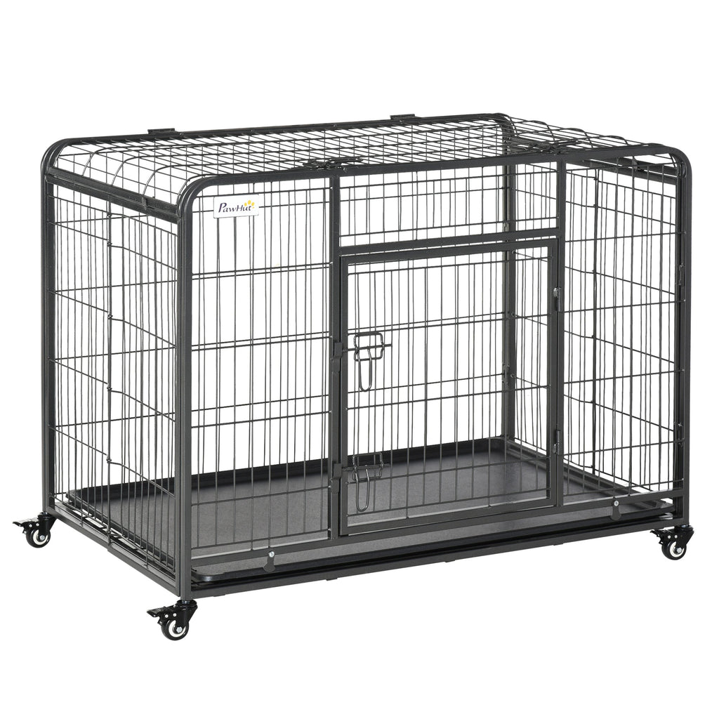 Heavy Duty Metal Dog Crate Pet Cage & Kennel with Removable Tray 4 Wheels & Folding Design Indoor Grey