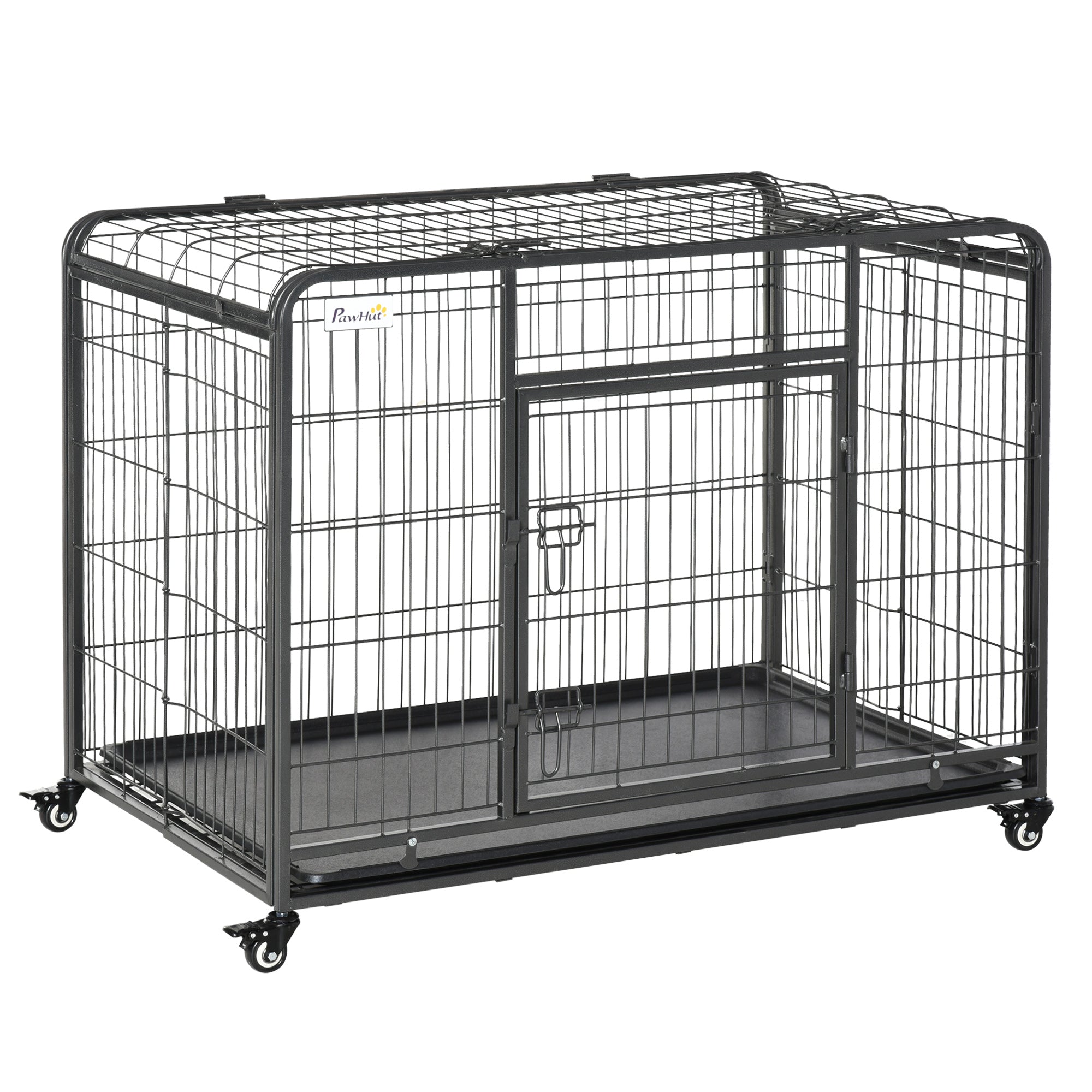 Heavy Duty Metal Dog Crate Pet Cage & Kennel with Removable Tray 4 Wheels & Folding Design Indoor Grey