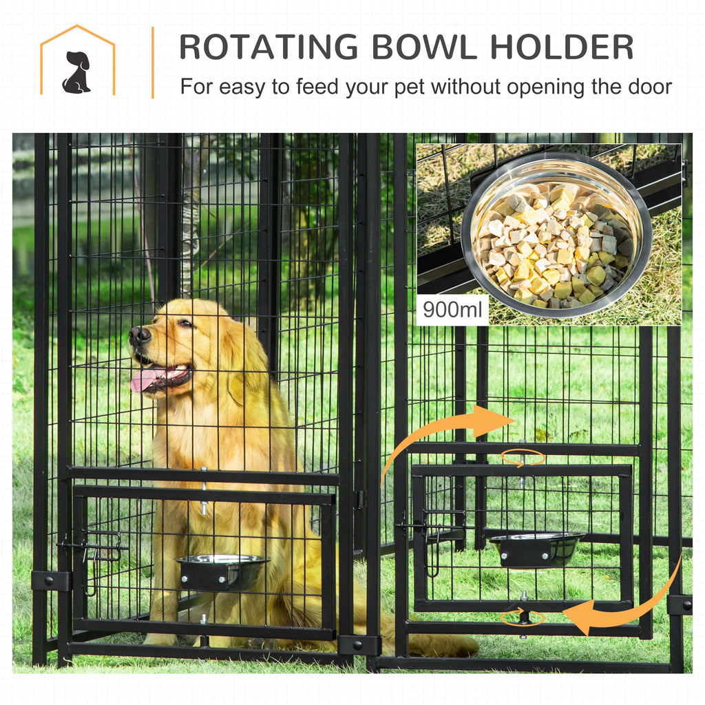 Outdoor Dog Kennel, Lockable Pet Playpen Crate, Welded Wire Steel Fence, with Water-, UV-Resistant Canopy, Rotating Bowl Holders, Door