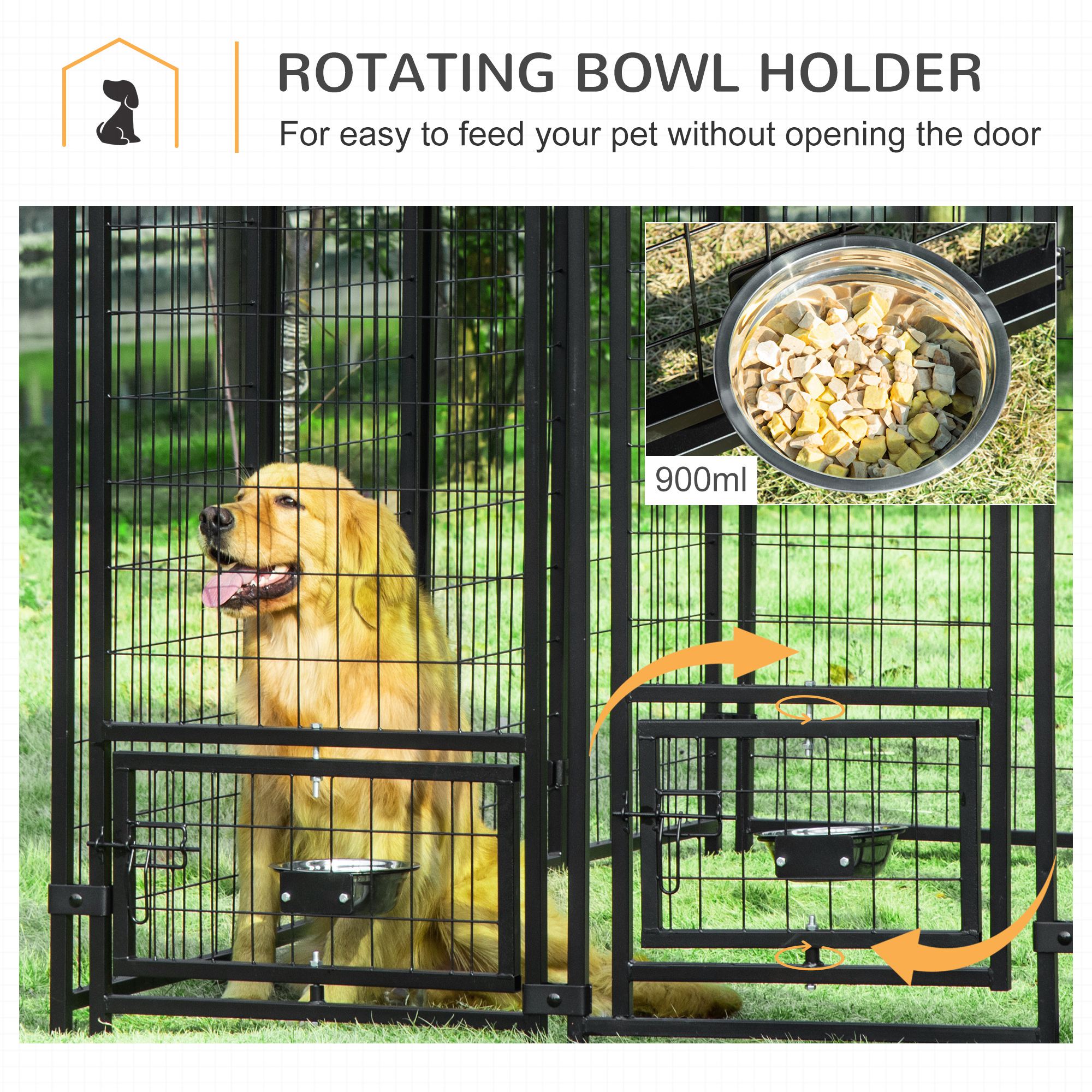 Outdoor Dog Kennel, Lockable Pet Playpen Crate, Welded Wire Steel Fence, with Water-, UV-Resistant Canopy, Rotating Bowl Holders, Door
