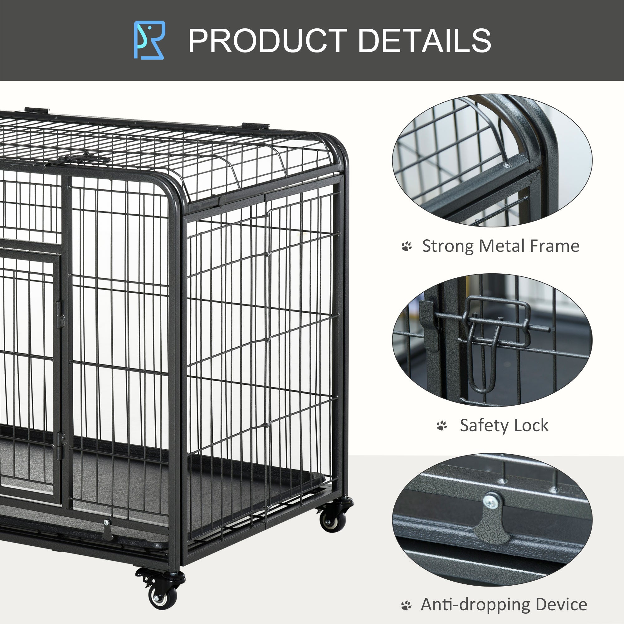 Heavy Duty Metal Dog Crate Pet Cage & Kennel with Removable Tray 4 Wheels & Folding Design Indoor Grey