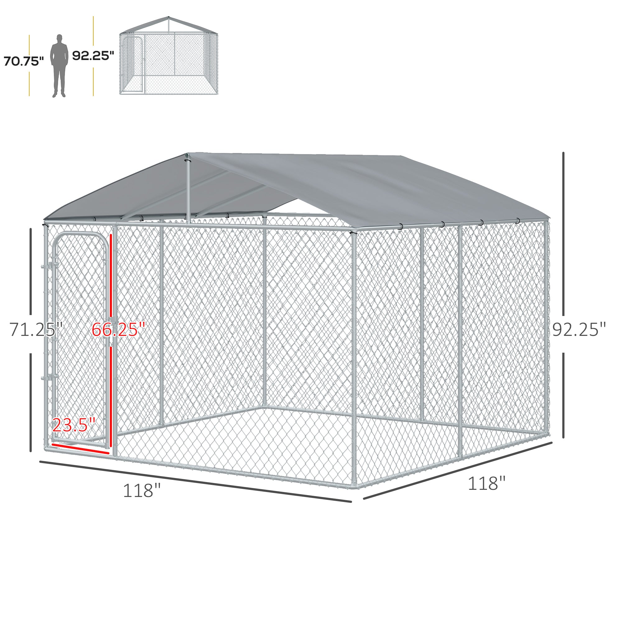 Outdoor Metal Dog Kennel, Pet Playpen with Steel Lock, Mesh Sidewalls and Cover for Backyard & Patio, 9.8' x 9.8' x 7.7'