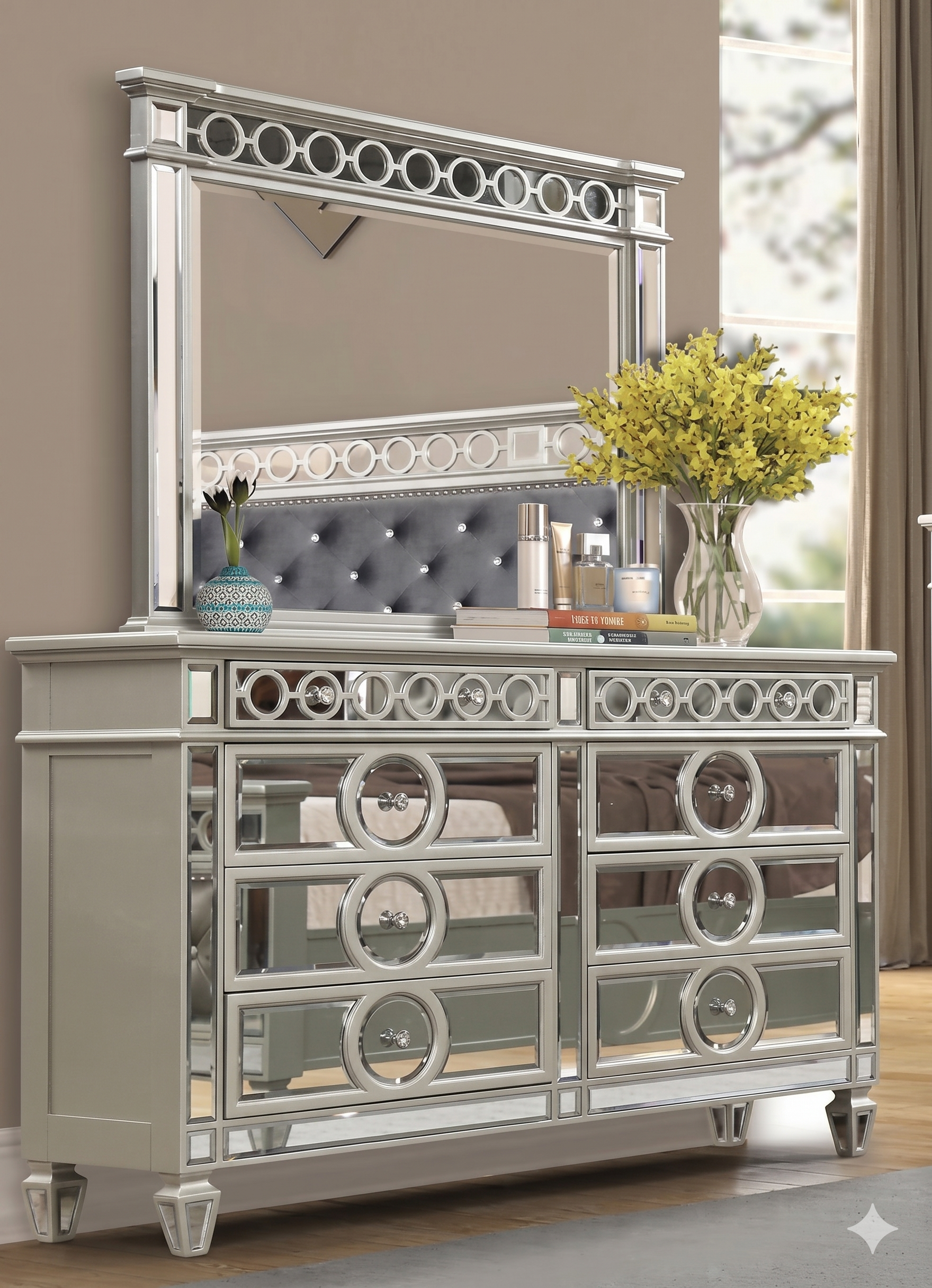 McFerran Home Furnishing B1689 Silver & Grey Velvet Bedroom Set
