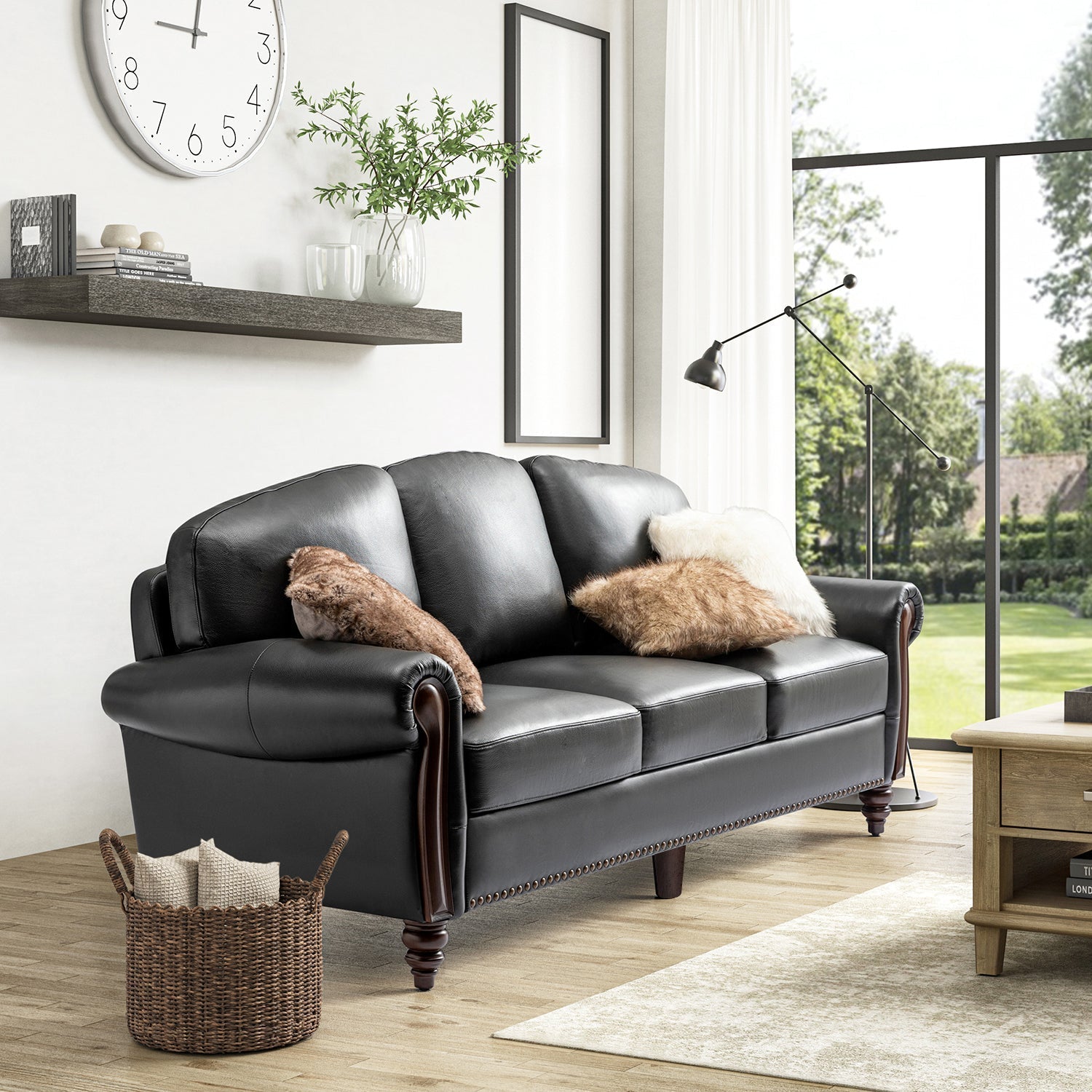 Dietmar Genuine Leather Sofa – Black Curved Leather Nailhead Sofa