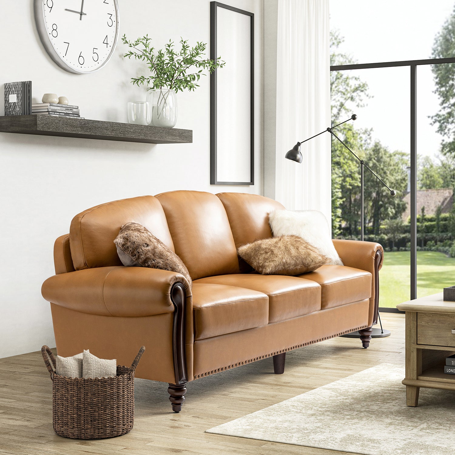 Dietmar Genuine Leather Sofa – Camel Curved Leather Nailhead Sofa
