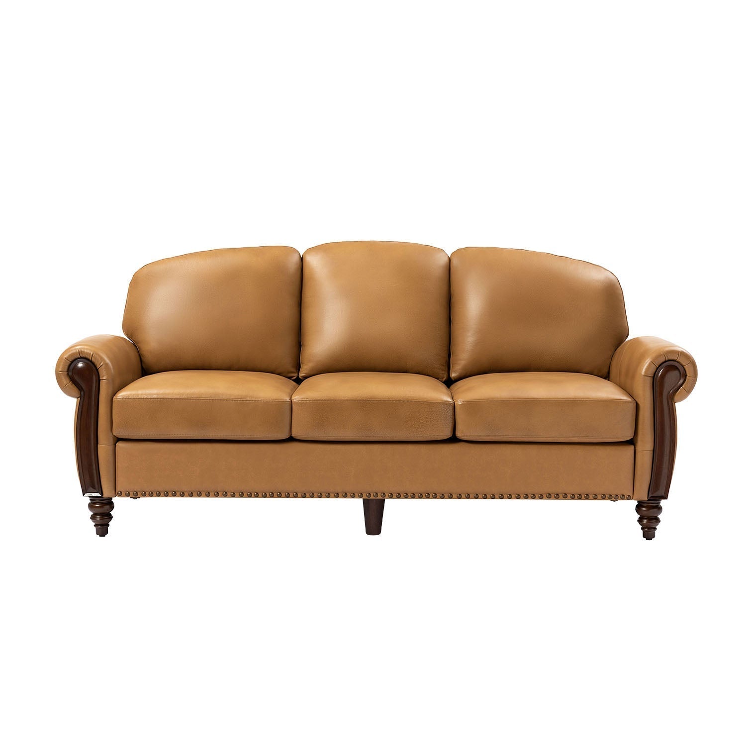 Dietmar Genuine Leather Sofa – Camel Curved Leather Nailhead Sofa