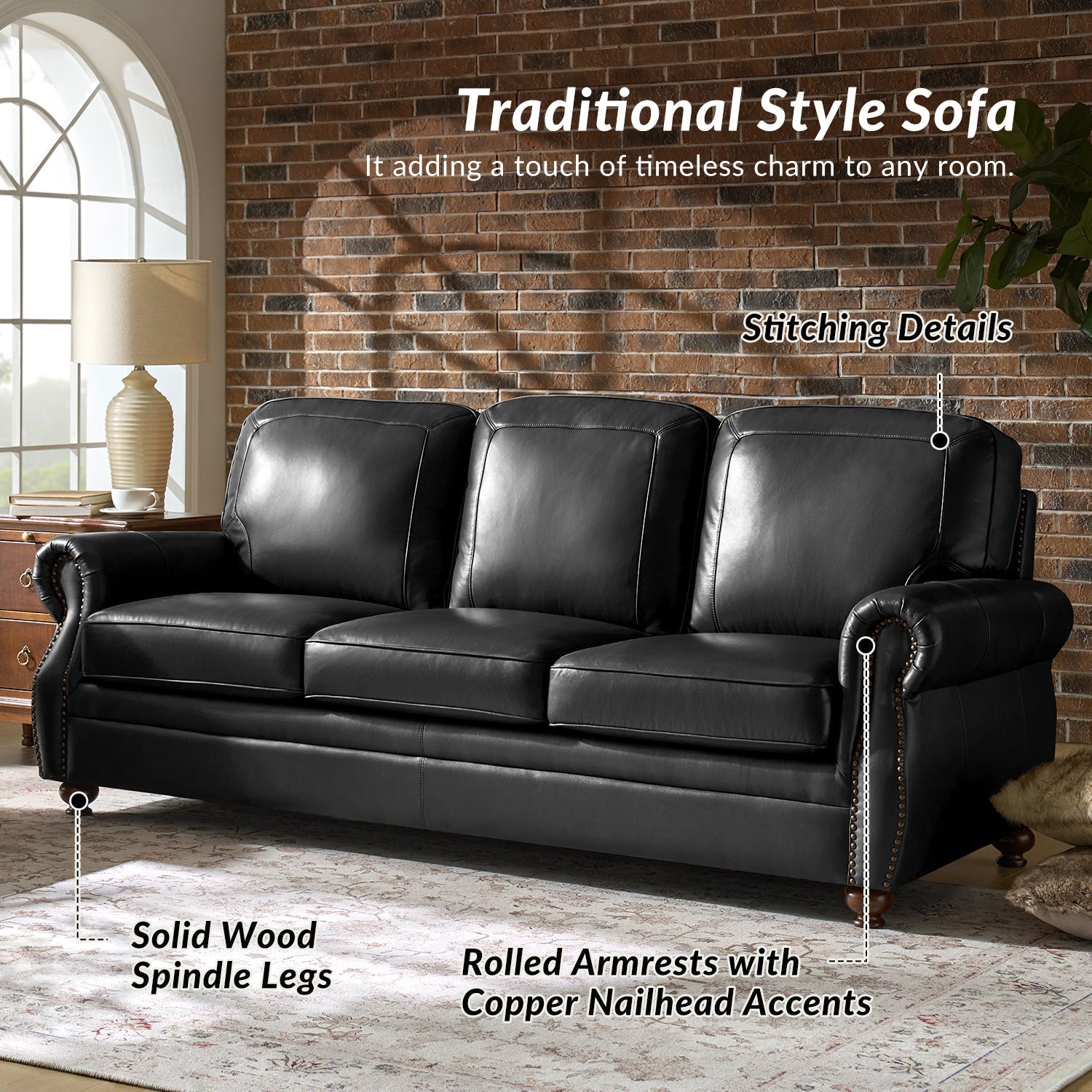 Gerardo Genuine Leather Sofa – Black Rolled Arm Nailhead Sofa