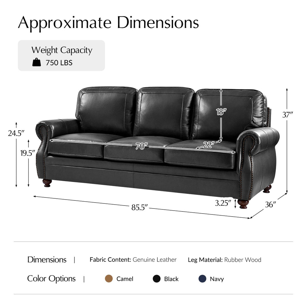 Gerardo Genuine Leather Sofa – Black Rolled Arm Nailhead Sofa