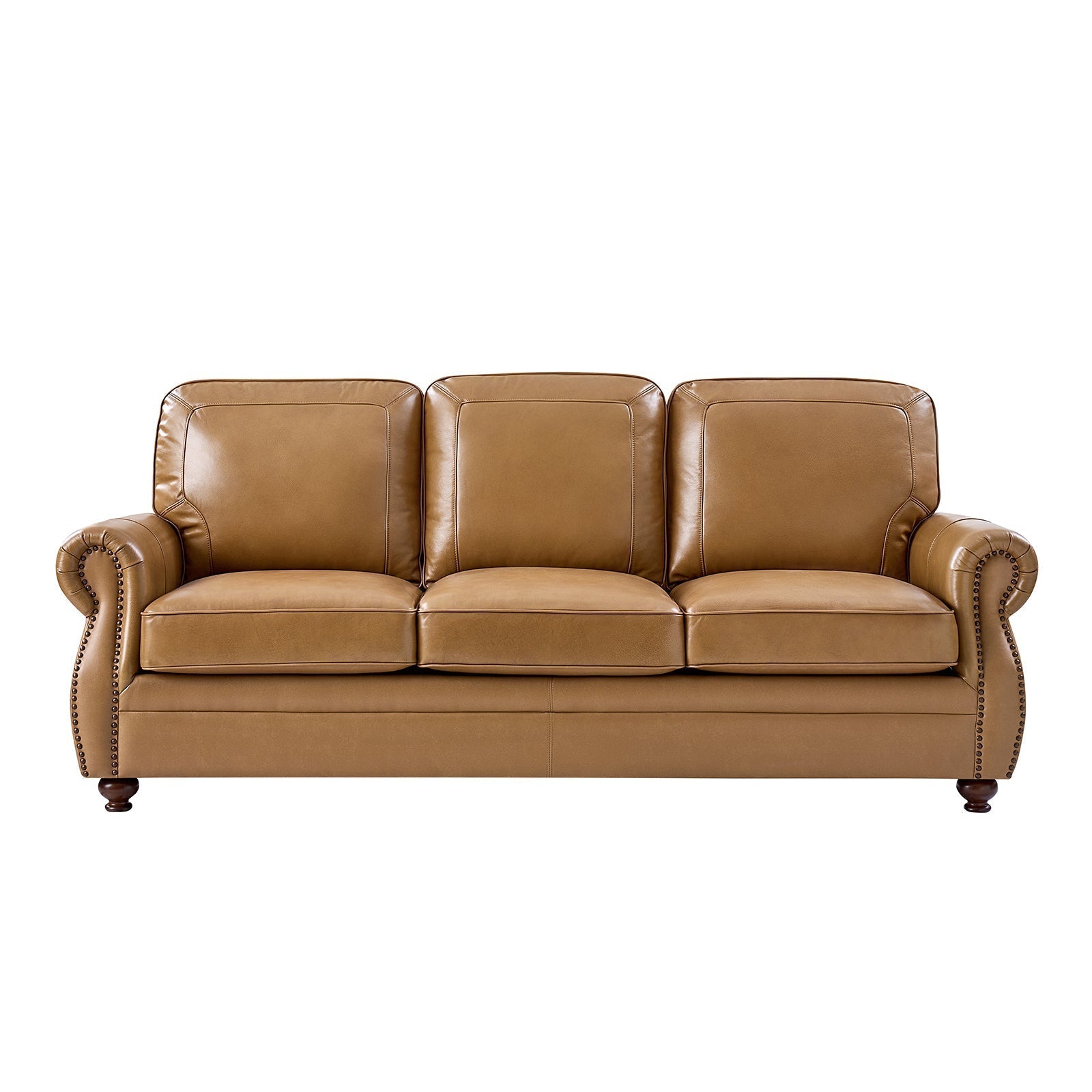 Gerardo Genuine Leather Sofa – Camel Rolled Arm Nailhead Sofa