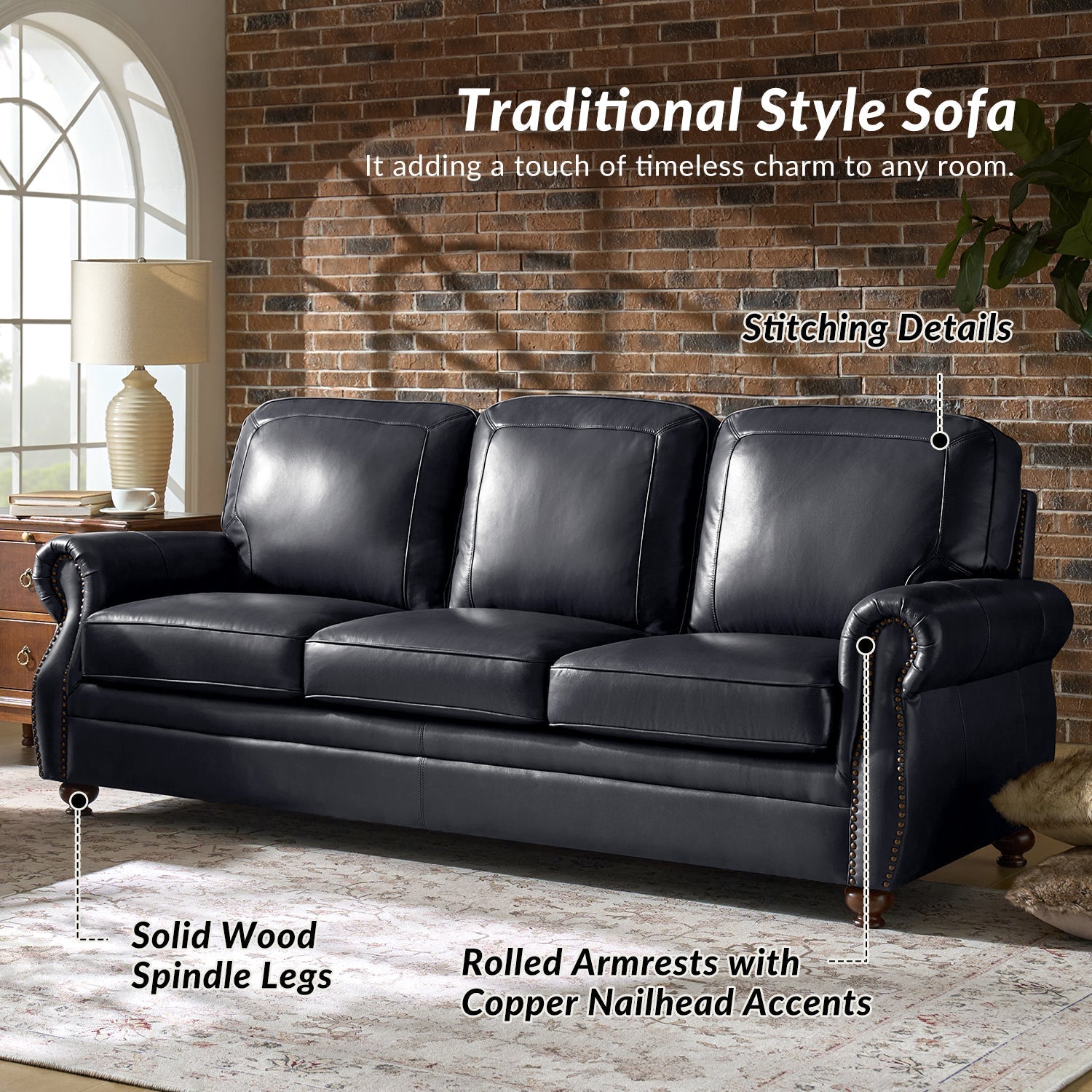 Gerardo Genuine Leather Sofa – Navy Blue Rolled Arm Nailhead Sofa