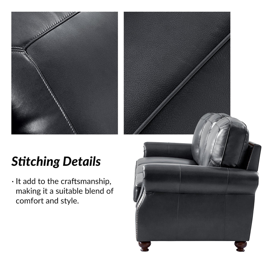 Gerardo Genuine Leather Sofa – Navy Blue Rolled Arm Nailhead Sofa