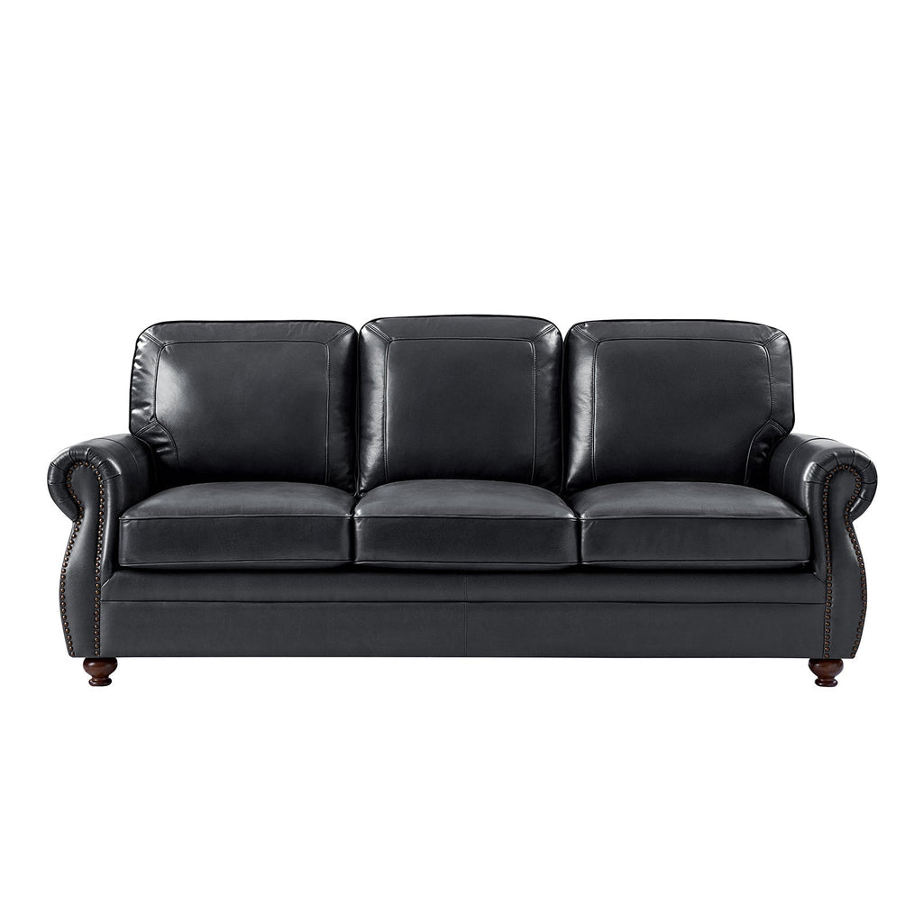 Gerardo Genuine Leather Sofa – Navy Blue Rolled Arm Nailhead Sofa