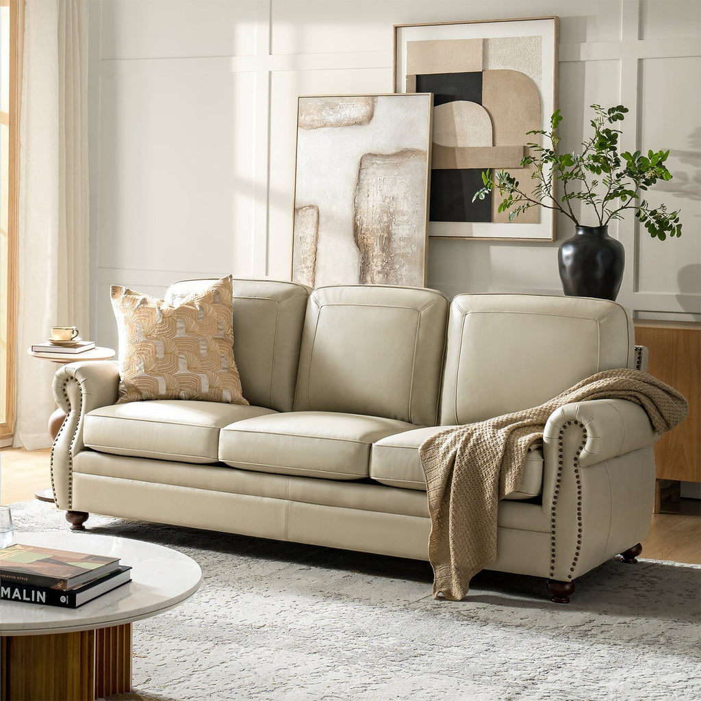 Gerardo Genuine Leather Sofa – Tan Rolled Arm Nailhead Sofa