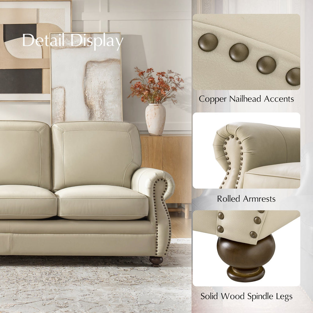 Gerardo Genuine Leather Sofa – Tan Rolled Arm Nailhead Sofa