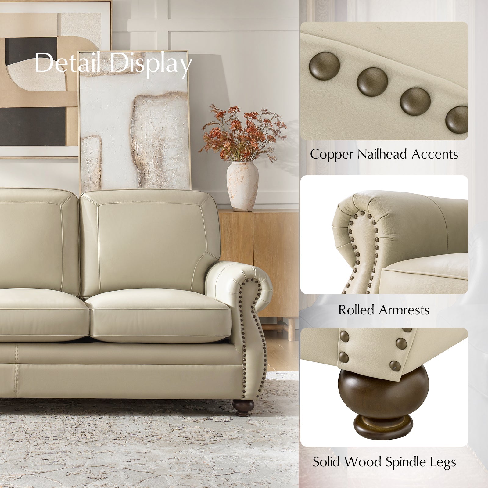 Gerardo Genuine Leather Sofa – Tan Rolled Arm Nailhead Sofa
