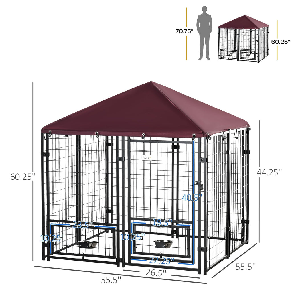 Indoor/Outdoor Metal Dog Kennel, Dog House with Lock, Weather Resistant Canopy and 2 Bowl Holders and Bowls, 4.6' x 4.6' x 5', Black / Red