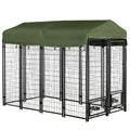 Outdoor Dog Kennel, Lockable Pet Playpen Crate, Welded Wire Steel Fence, with Water-, UV-Resistant Canopy, Rotating Bowl Holders, Door