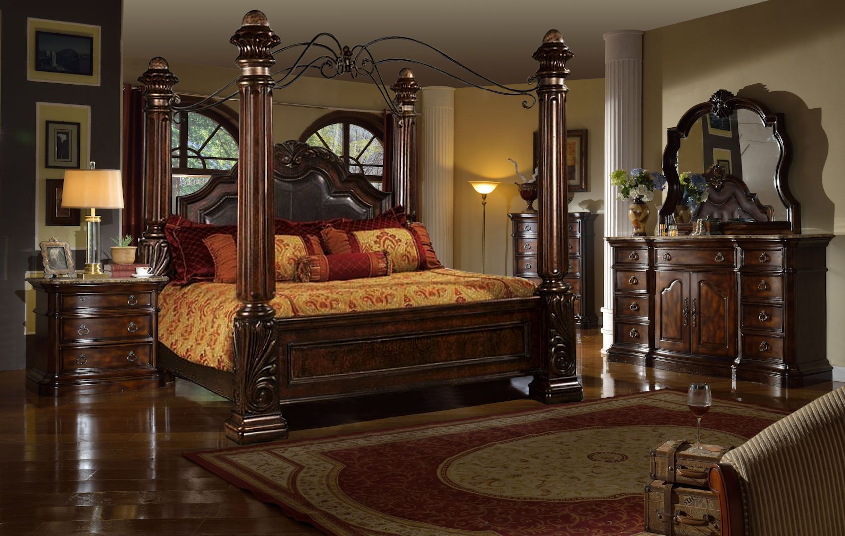 McFerran Home Furnishings B6005 Canopy Bedroom Set – Traditional Carved Solid Wood in Rich Brown Finish