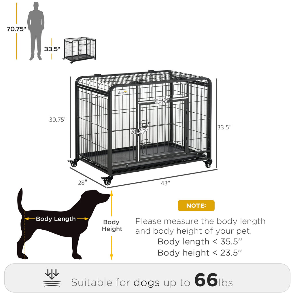 Heavy Duty Metal Dog Crate Pet Cage & Kennel with Removable Tray 4 Wheels & Folding Design Indoor Grey