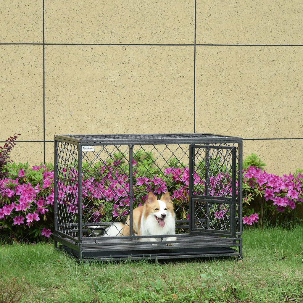 Heavy Duty Dog Cage Metal Kennel and Crate Dog Playpen with Lockable Wheels, Slide-out Tray, Food Bowl and Double Doors
